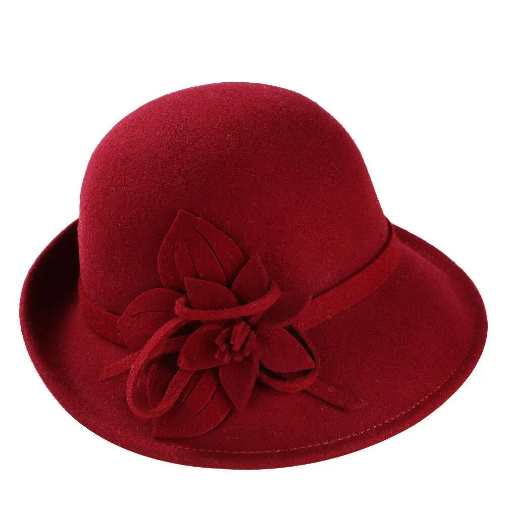 KIMLUD, England Style Ladies Wool Fedoras Hats Black White Flower Wool felt Hat Fashion Women Church maison michel Cloche Hat Cap, KIMLUD Womens Clothes