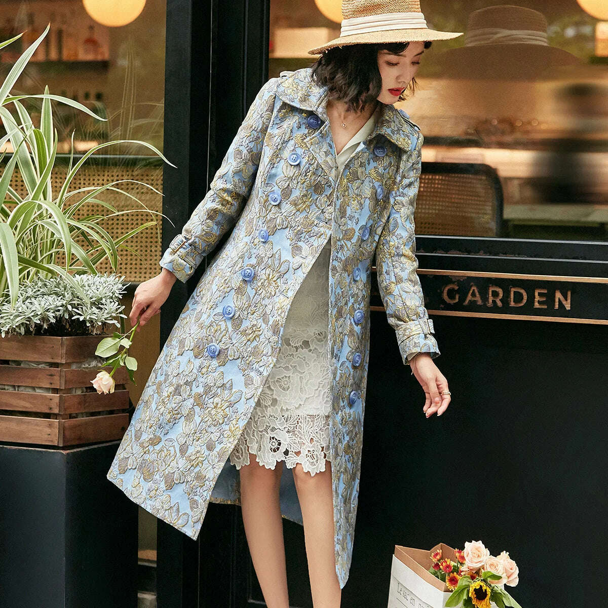 KIMLUD, England Style Trench Women Jacquard Coat Winter Double Breasted Long Coat Luxury Jacket Oversized Overcoat Turn-down Collar, Blue / S, KIMLUD Womens Clothes