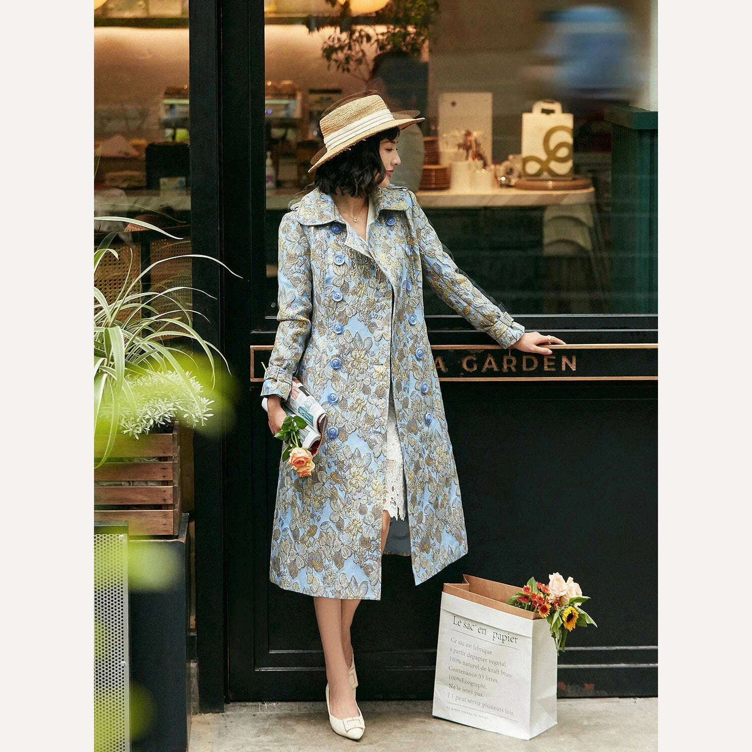 KIMLUD, England Style Trench Women Jacquard Coat Winter Double Breasted Long Coat Luxury Jacket Oversized Overcoat Turn-down Collar, KIMLUD Womens Clothes