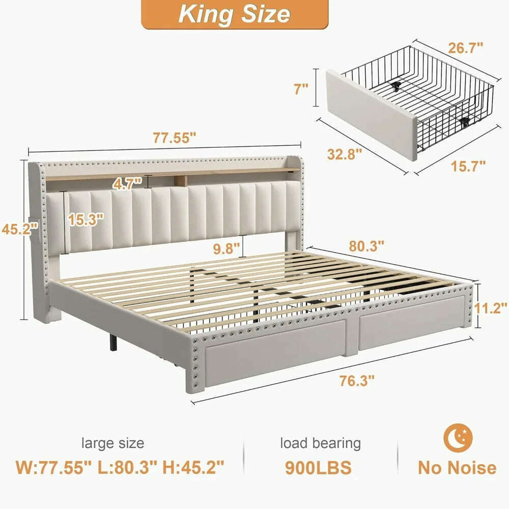 KIMLUD, EnHomee King Size Bed Frame with Storage and Headboard, Upholstered King Bed Frame with Storage, King Bed Frame with 2 Drawers,, KIMLUD Womens Clothes