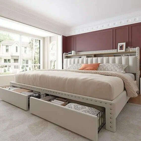 KIMLUD, EnHomee King Size Bed Frame with Storage and Headboard, Upholstered King Bed Frame with Storage, King Bed Frame with 2 Drawers,, Beige / United States, KIMLUD APPAREL - Womens Clothes