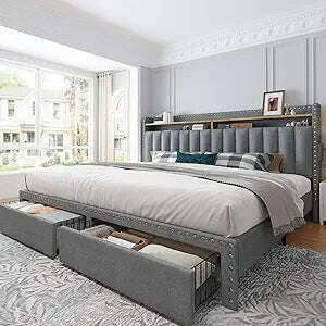 KIMLUD, EnHomee King Size Bed Frame with Storage and Headboard, Upholstered King Bed Frame with Storage, King Bed Frame with 2 Drawers,, Grey / United States, KIMLUD APPAREL - Womens Clothes