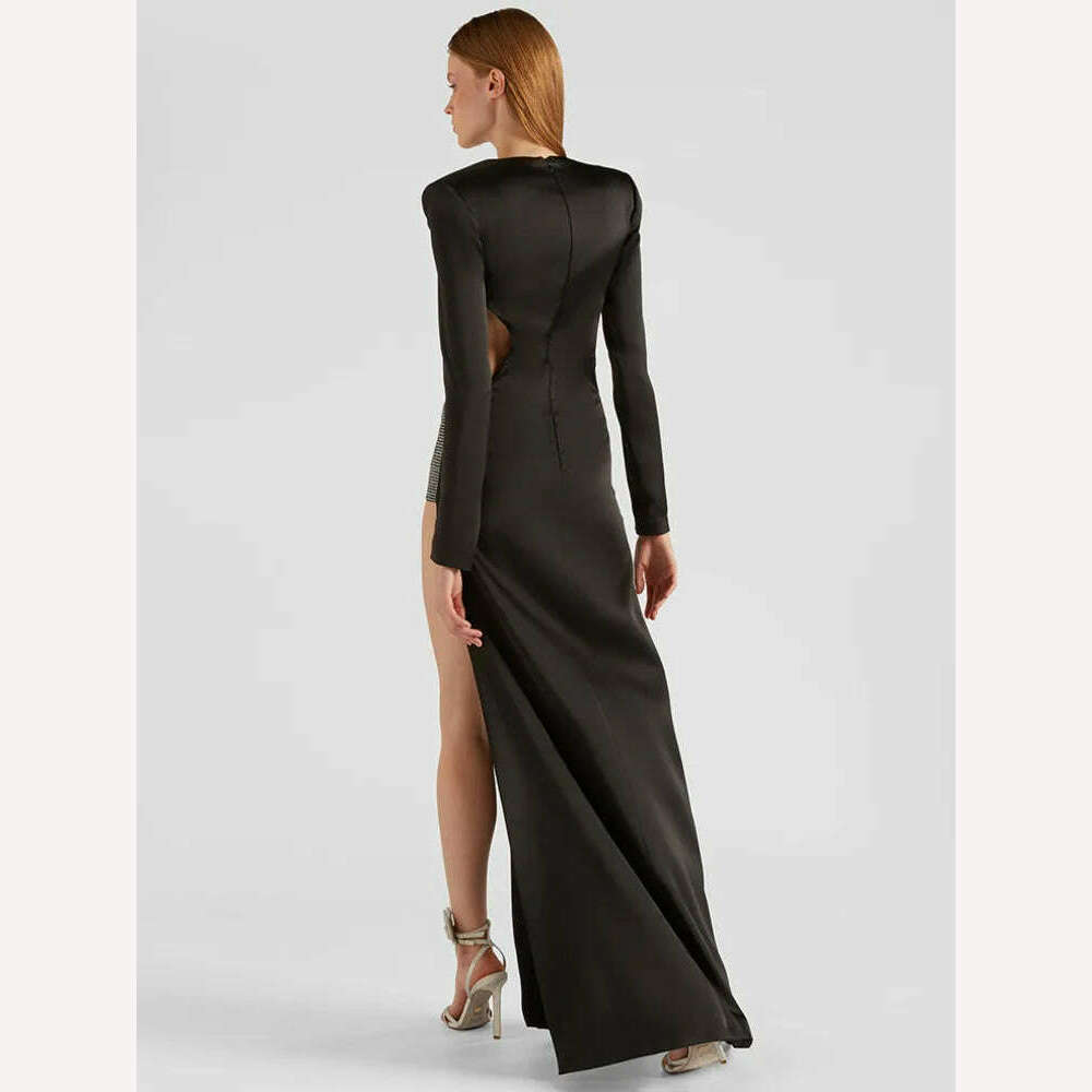 KIMLUD, Eshin Fashion Women Dress 2023 Autumn New V-neck Waist Hollow Out High Split Decorate Slim Floor-length Dresses TH5898, KIMLUD Women's Clothes