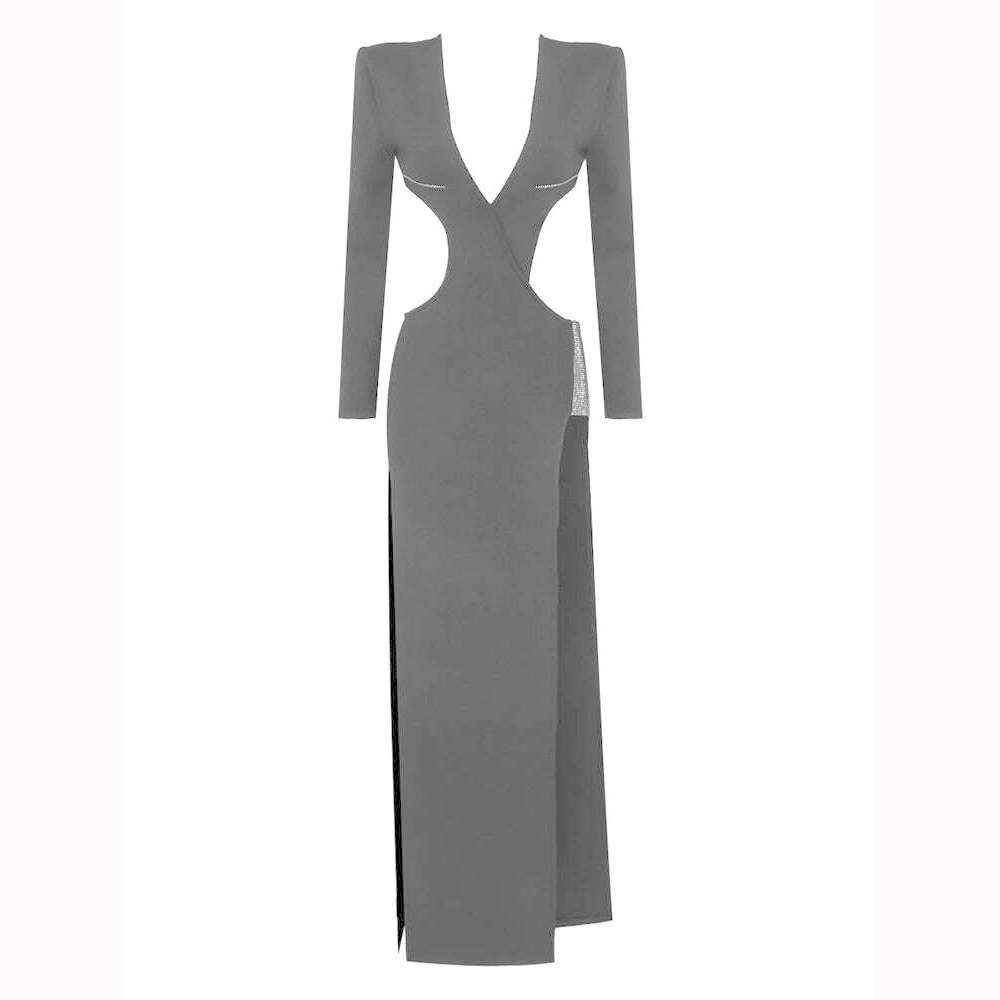 KIMLUD, Eshin Fashion Women Dress 2023 Autumn New V-neck Waist Hollow Out High Split Decorate Slim Floor-length Dresses TH5898, Black / XS, KIMLUD Women's Clothes