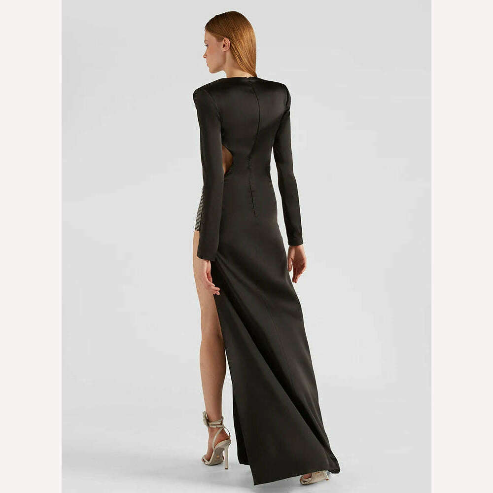 KIMLUD, Eshin Fashion Women Dress 2023 Autumn New V-neck Waist Hollow Out High Split Decorate Slim Floor-length Dresses TH5898, KIMLUD Women's Clothes