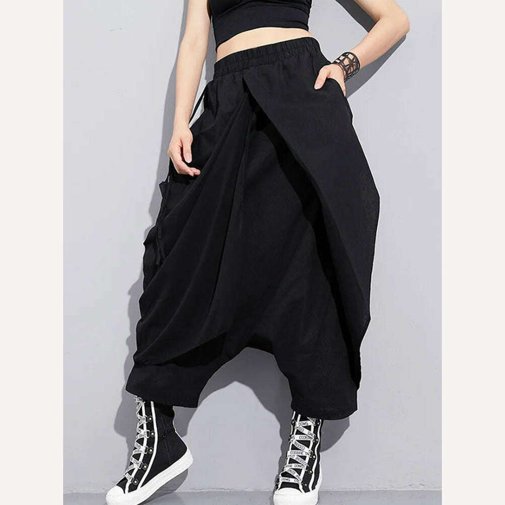 KIMLUD, Eshin High Elastic Waist Black Irregular Long Harem Pants New Loose Fit Trousers Women Fashion Elegant Autumn Autumn 2023 TH496, KIMLUD Womens Clothes