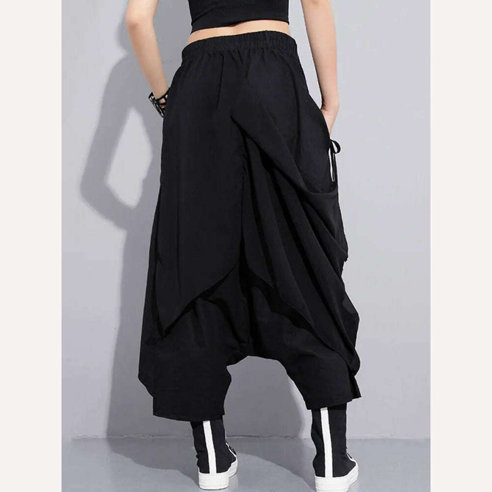 KIMLUD, Eshin High Elastic Waist Black Irregular Long Harem Pants New Loose Fit Trousers Women Fashion Elegant Autumn Autumn 2023 TH496, KIMLUD Womens Clothes