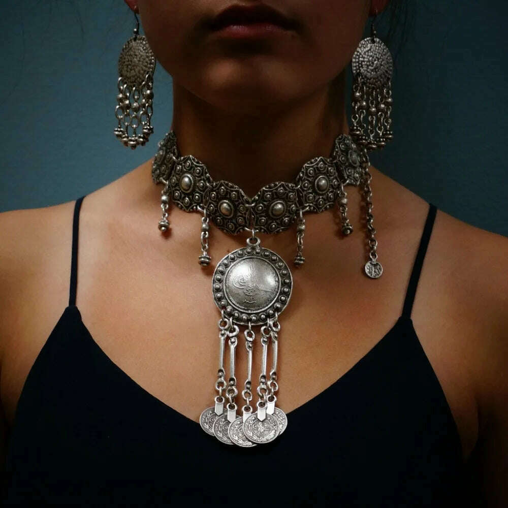 KIMLUD, Ethnic Gypsy Vintage Metal Coin Tassel Necklaces Carved Flower For Women Boho Tibetan Silver Necklaces Turkish Tribal Jewelry, KIMLUD Womens Clothes