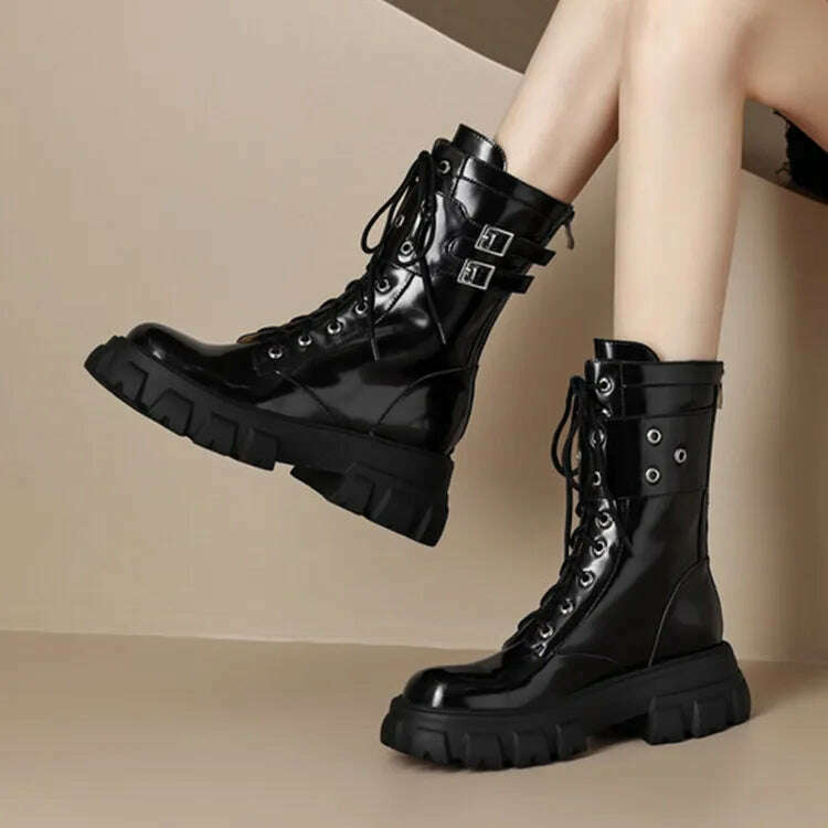 KIMLUD, Euro Fashion Women Platform Riding Boots Black Leather Winter Motorcycle Botas White Punk Cowboy Botines Mujer Sapatos Femmes, KIMLUD Womens Clothes