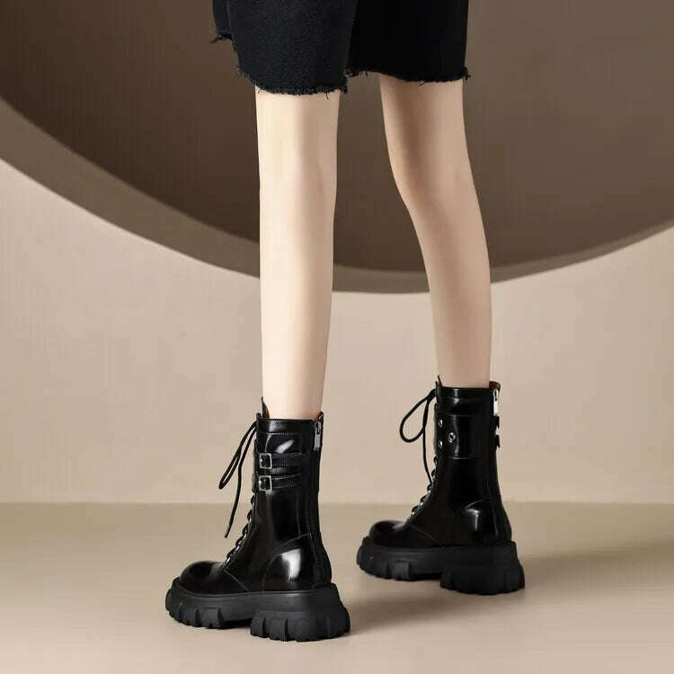 KIMLUD, Euro Fashion Women Platform Riding Boots Black Leather Winter Motorcycle Botas White Punk Cowboy Botines Mujer Sapatos Femmes, KIMLUD Womens Clothes