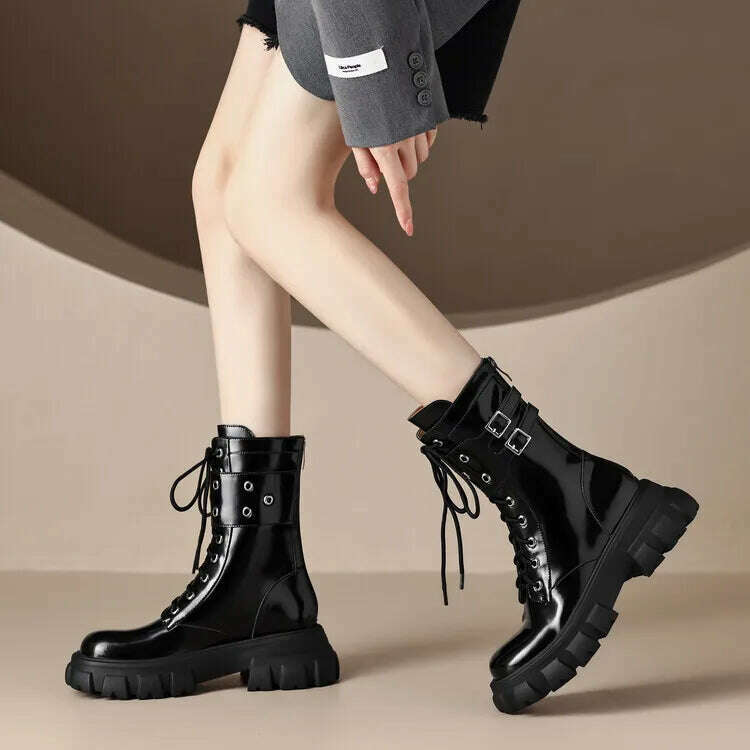 KIMLUD, Euro Fashion Women Platform Riding Boots Black Leather Winter Motorcycle Botas White Punk Cowboy Botines Mujer Sapatos Femmes, KIMLUD Womens Clothes