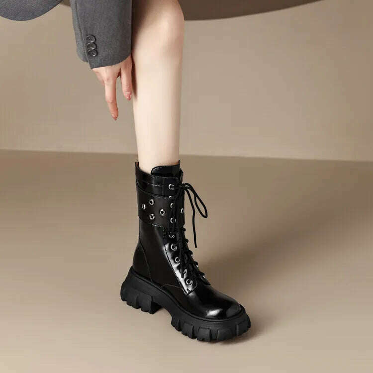 KIMLUD, Euro Fashion Women Platform Riding Boots Black Leather Winter Motorcycle Botas White Punk Cowboy Botines Mujer Sapatos Femmes, KIMLUD Womens Clothes