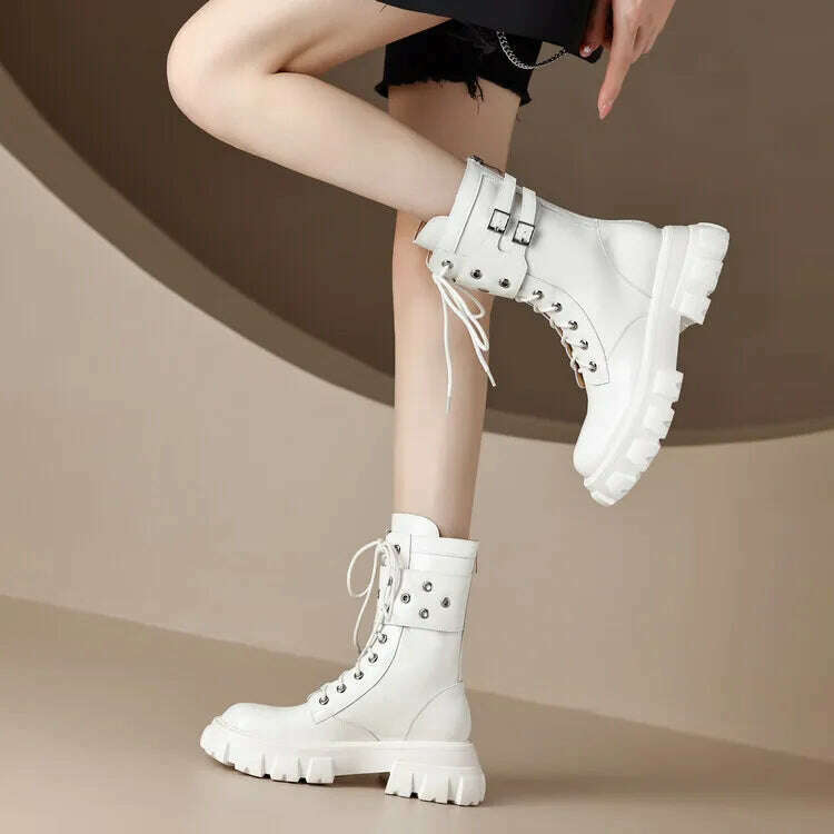 KIMLUD, Euro Fashion Women Platform Riding Boots Black Leather Winter Motorcycle Botas White Punk Cowboy Botines Mujer Sapatos Femmes, KIMLUD Womens Clothes