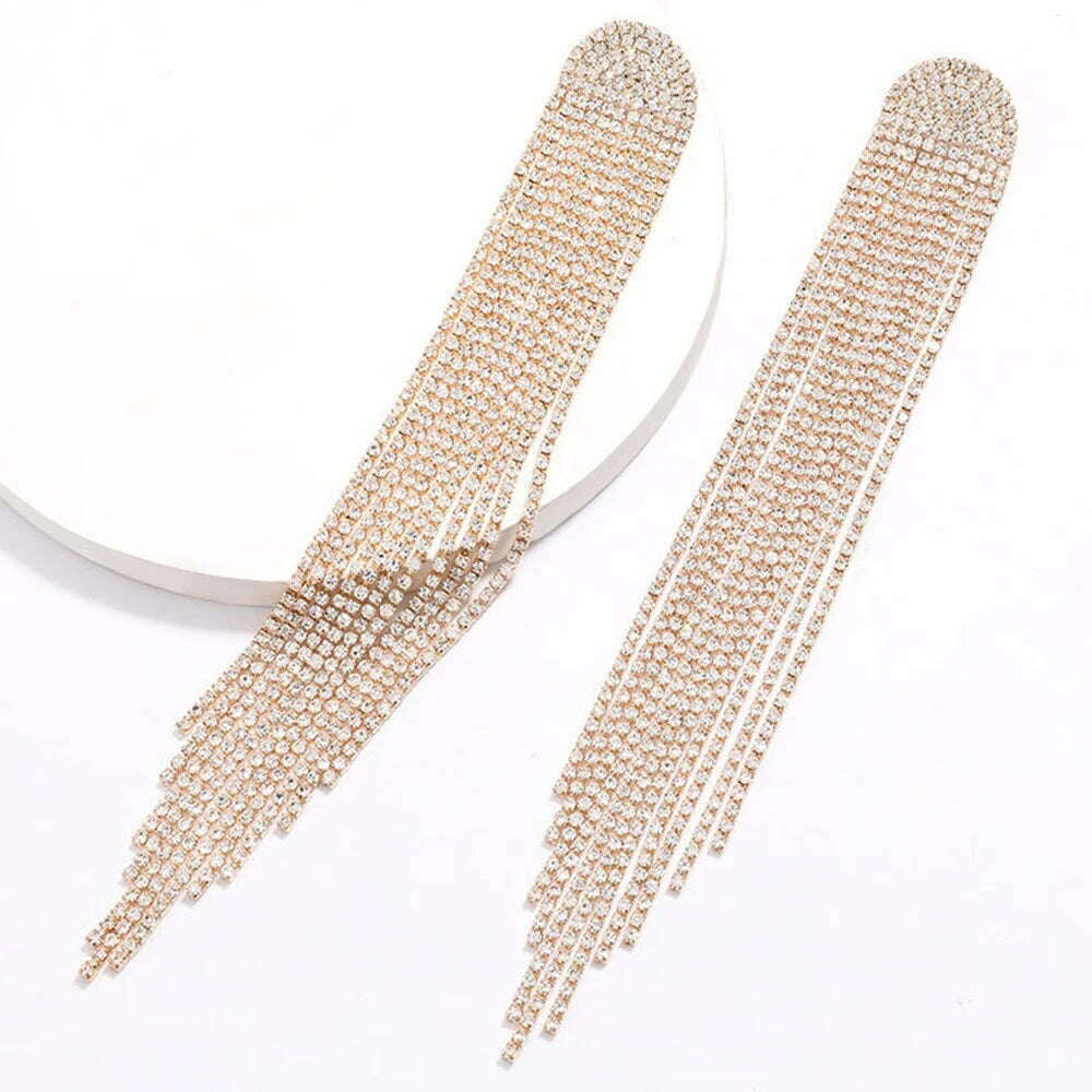 KIMLUD, Europe And America New Exaggerated Full Rhinestone Tassel Earrings For Women Party Wedding Statement Jewelry Long Earings Gifts, Gold-color, KIMLUD Women's Clothes