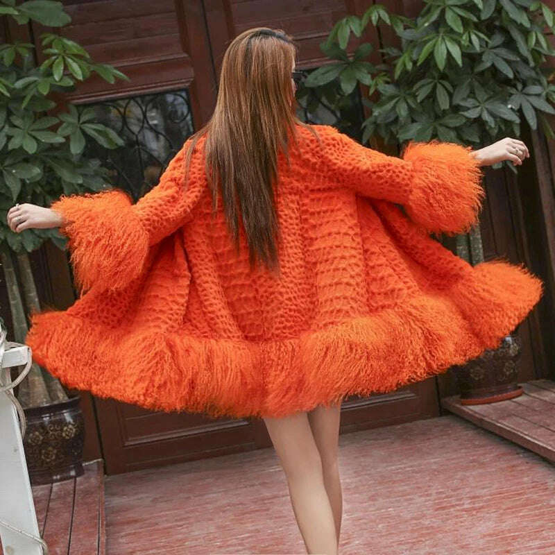 Europe and America women Mongolia Sheep fur sleeve and hem ladies loose outwear Genuine fur coat fashion New fur jacket - KIMLUD