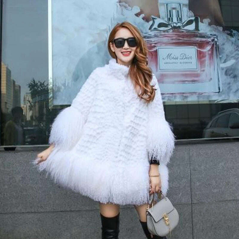 KIMLUD, Europe and America women Mongolia Sheep fur sleeve and hem ladies loose outwear Genuine fur coat fashion New fur jacket, KIMLUD Women's Clothes