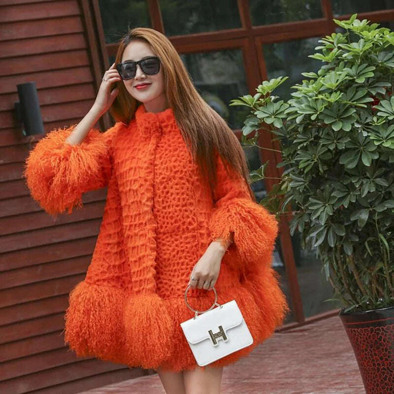 KIMLUD, Europe and America women Mongolia Sheep fur sleeve and hem ladies loose outwear Genuine fur coat fashion New fur jacket, orange / M, KIMLUD Womens Clothes
