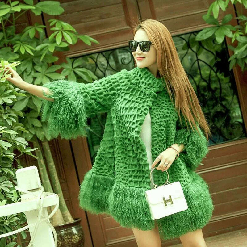 KIMLUD, Europe and America women Mongolia Sheep fur sleeve and hem ladies loose outwear Genuine fur coat fashion New fur jacket, green / M, KIMLUD Womens Clothes