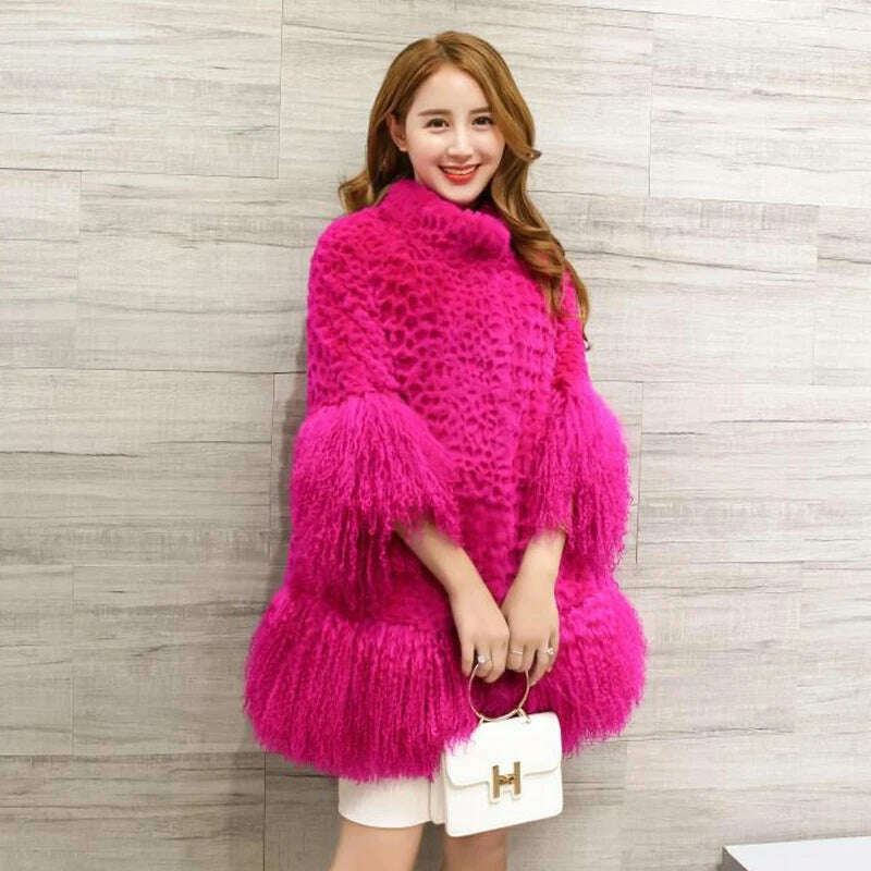 KIMLUD, Europe and America women Mongolia Sheep fur sleeve and hem ladies loose outwear Genuine fur coat fashion New fur jacket, Rose / M, KIMLUD Womens Clothes