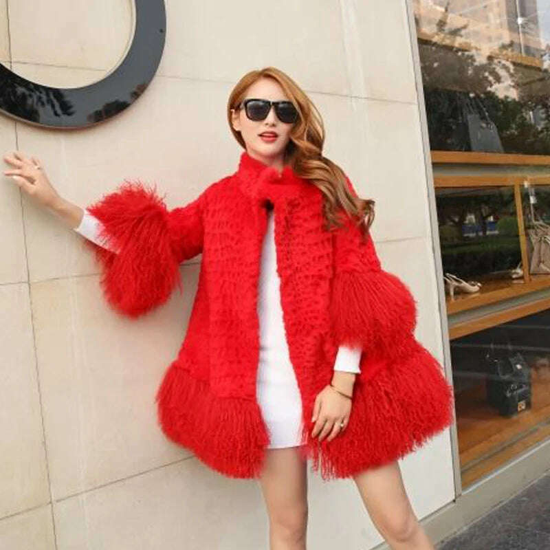 KIMLUD, Europe and America women Mongolia Sheep fur sleeve and hem ladies loose outwear Genuine fur coat fashion New fur jacket, Red / M, KIMLUD Women's Clothes