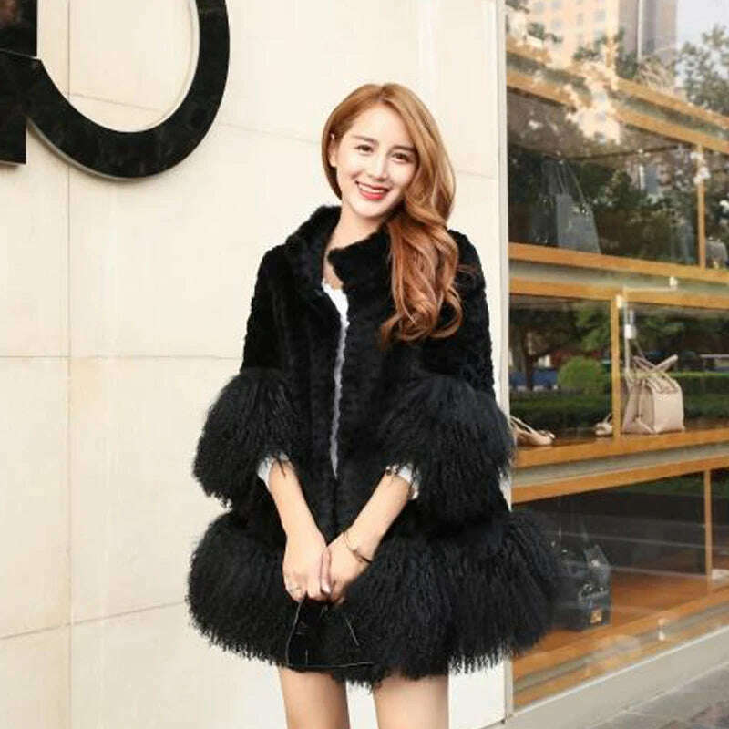 KIMLUD, Europe and America women Mongolia Sheep fur sleeve and hem ladies loose outwear Genuine fur coat fashion New fur jacket, Black / M, KIMLUD Womens Clothes