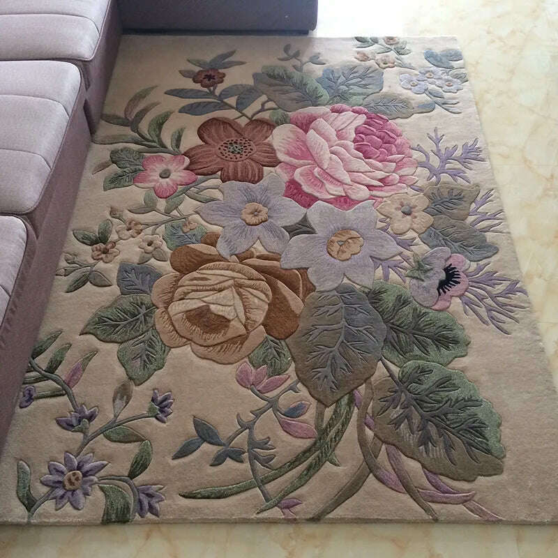 KIMLUD, Europe Handmade Wool Carpet for Living Room 3D Hand Carved Rug Thick Carpet Bedroom Sofa Table Floor Mat Study Retro Flower Rug, 1 / 120x170cm, KIMLUD Women's Clothes