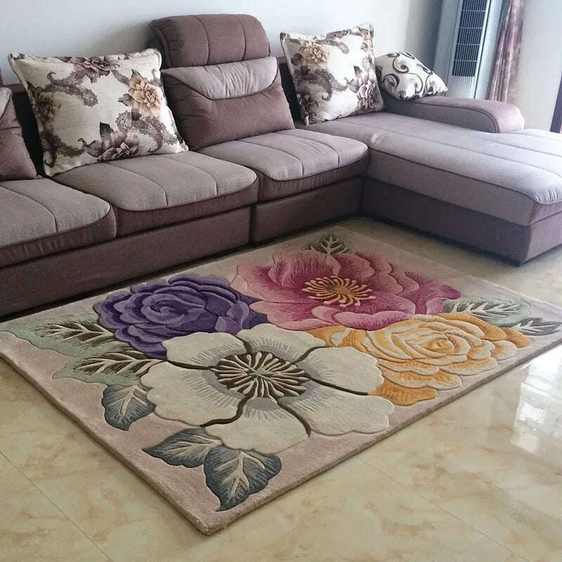KIMLUD, Europe Handmade Wool Carpet for Living Room 3D Hand Carved Rug Thick Carpet Bedroom Sofa Table Floor Mat Study Retro Flower Rug, 2 / 120x170cm, KIMLUD Womens Clothes