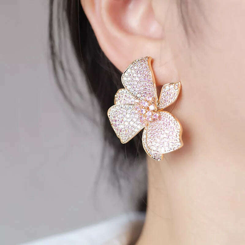 KIMLUD, Europe hot fashion jewelry 18K gold plated copper zircon exaggerated flower earrings luxury women&#39;s wedding party accessories, pink, KIMLUD Women's Clothes
