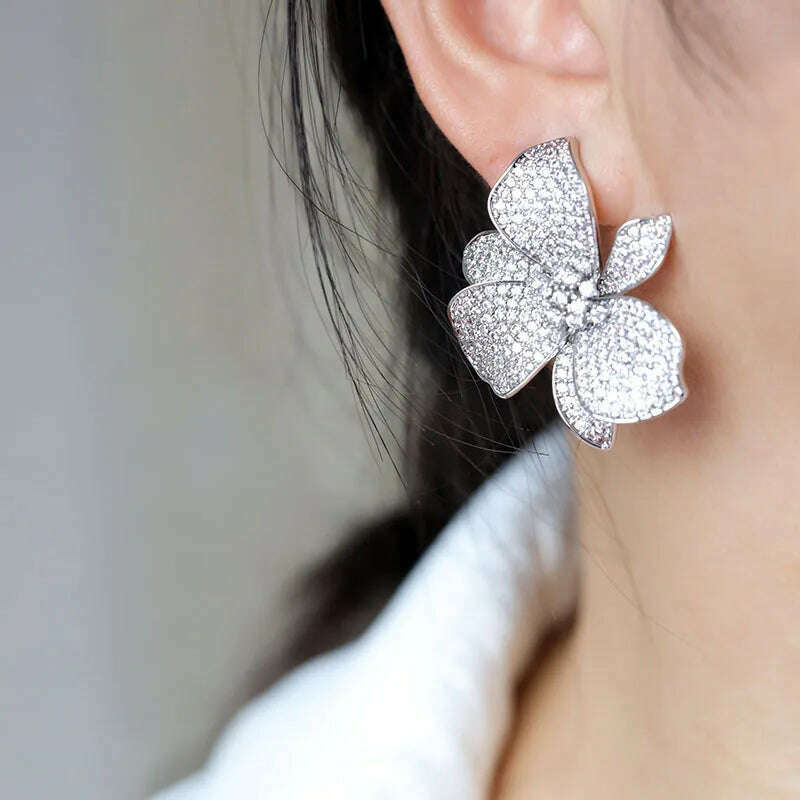 Europe hot fashion jewelry 18K gold plated copper zircon exaggerated flower earrings luxury women&#39;s wedding party accessories - KIMLUD