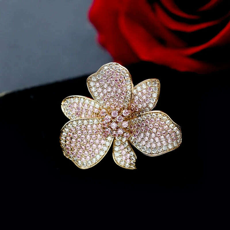 KIMLUD, Europe hot fashion jewelry 18K gold plated copper zircon exaggerated flower earrings luxury women&#39;s wedding party accessories, pink rings, KIMLUD Women's Clothes