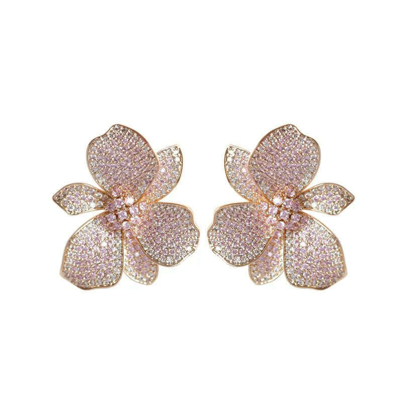 KIMLUD, Europe hot fashion jewelry 18K gold plated copper zircon exaggerated flower earrings luxury women&#39;s wedding party accessories, KIMLUD Women's Clothes