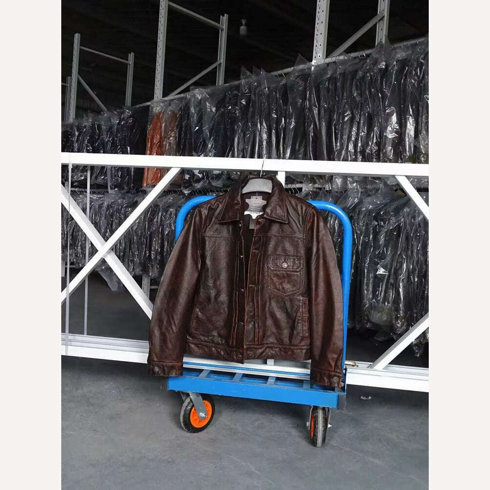 KIMLUD, Europe Italy vintage men top quality genuine cow leather coat male cowboy motor biker short jacket brown plus size xxxl 2xl 3xl, KIMLUD Womens Clothes