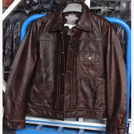 KIMLUD, Europe Italy vintage men top quality genuine cow leather coat male cowboy motor biker short jacket brown plus size xxxl 2xl 3xl, Brown / M, KIMLUD Women's Clothes