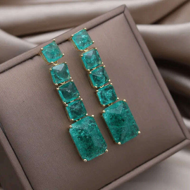 KIMLUD, European American New Design Fashion Jewelry Long Square Green Cracked Zircon Earrings Luxury Women&#39;s Wedding Party Accessories, Green, KIMLUD Womens Clothes