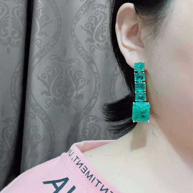KIMLUD, European American New Design Fashion Jewelry Long Square Green Cracked Zircon Earrings Luxury Women&#39;s Wedding Party Accessories, KIMLUD Women's Clothes