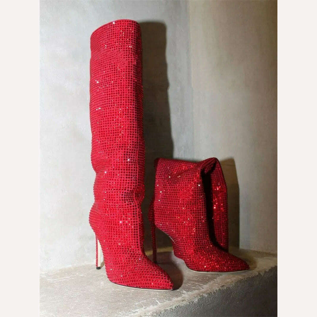 KIMLUD, European and American fashion show full star high-heeled rhinestones pointed knee-high boots large size women's shoes, red / 35 / CHINA, KIMLUD APPAREL - Womens Clothes