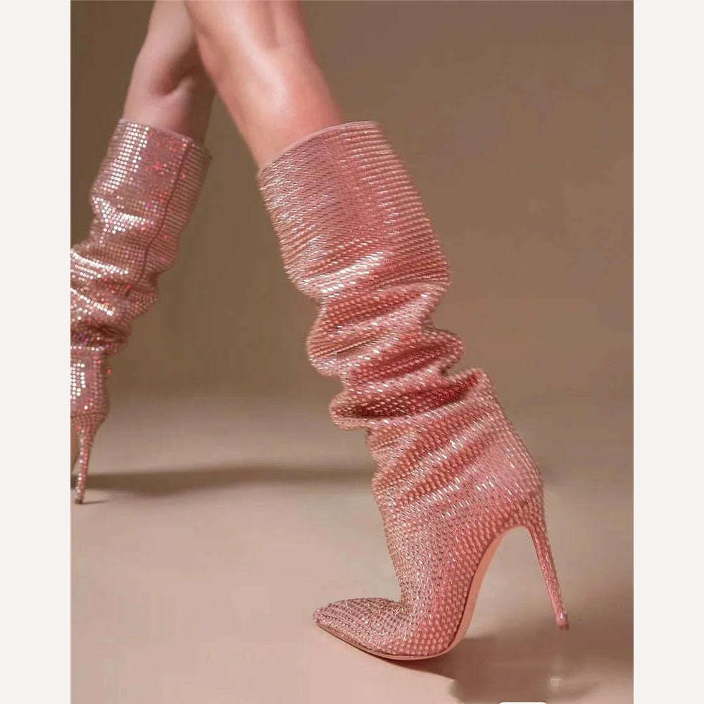 KIMLUD, European and American fashion show full star high-heeled rhinestones pointed knee-high boots large size women's shoes, pink / 35 / CHINA, KIMLUD APPAREL - Womens Clothes