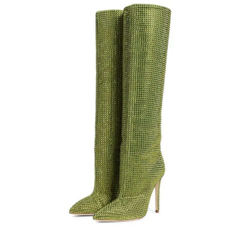 KIMLUD, European and American fashion show full star high-heeled rhinestones pointed knee-high boots large size women's shoes, green / 35 / CHINA, KIMLUD Women's Clothes