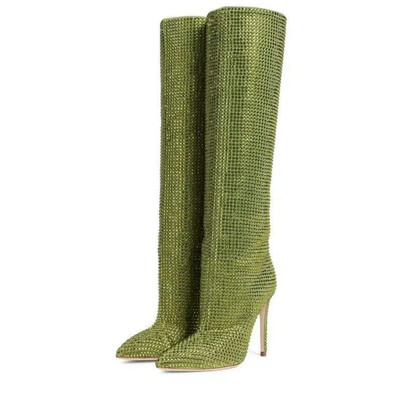 KIMLUD, European and American fashion show full star high-heeled rhinestones pointed knee-high boots large size women's shoes, green / 35 / CHINA, KIMLUD APPAREL - Womens Clothes