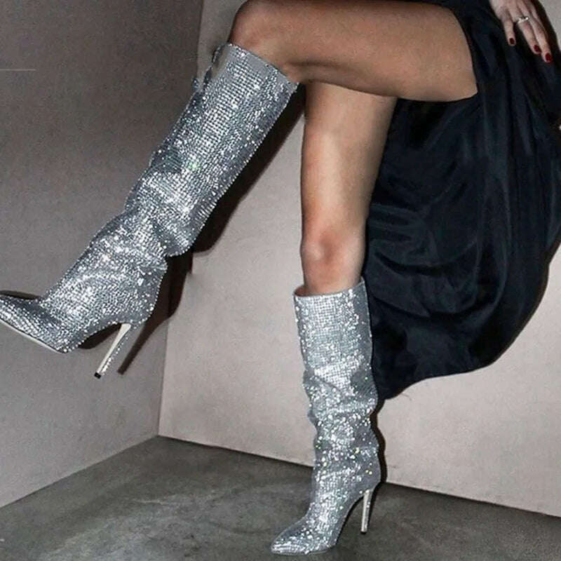 KIMLUD, European and American fashion show full star high-heeled rhinestones pointed knee-high boots large size women's shoes, KIMLUD Womens Clothes