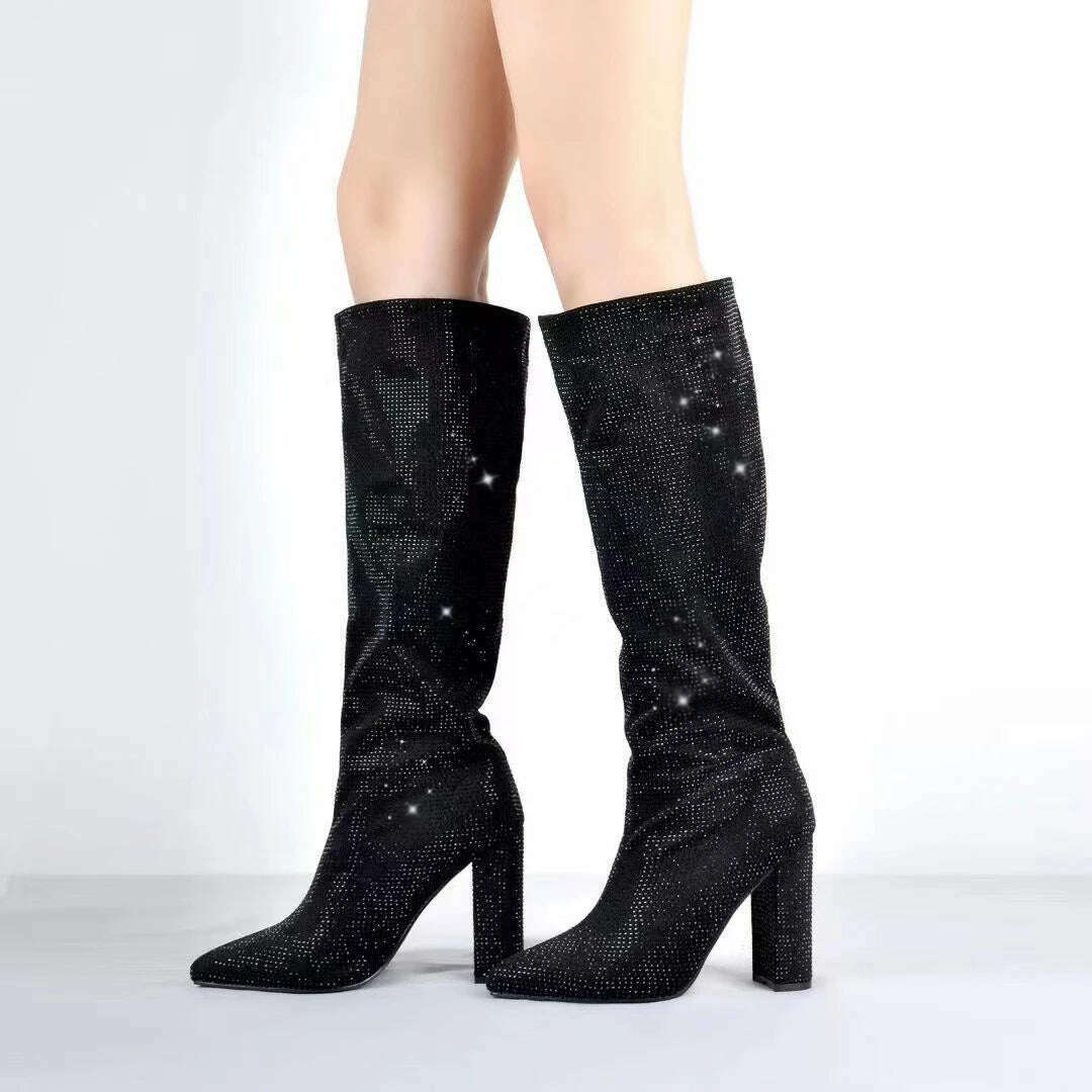 KIMLUD, European and American fashion show full star high-heeled rhinestones pointed knee-high boots large size women's shoes, black / 35 / CHINA, KIMLUD APPAREL - Womens Clothes