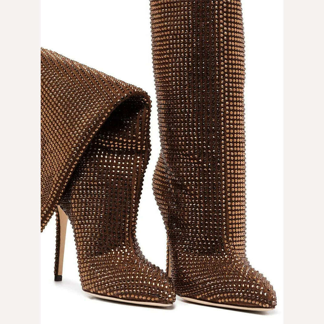 KIMLUD, European and American fashion show full star high-heeled rhinestones pointed knee-high boots large size women's shoes, brown / 35 / CHINA, KIMLUD APPAREL - Womens Clothes