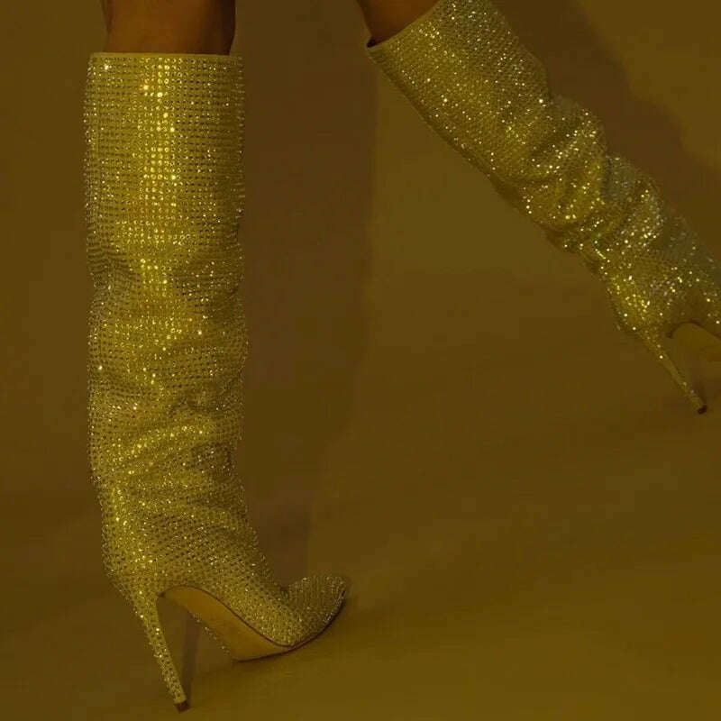 KIMLUD, European and American fashion show full star high-heeled rhinestones pointed knee-high boots large size women's shoes, yellow / 35 / CHINA, KIMLUD APPAREL - Womens Clothes