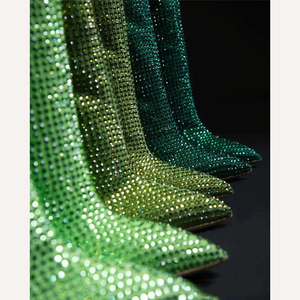 KIMLUD, European and American fashion show full star high-heeled rhinestones pointed knee-high boots large size women's shoes, KIMLUD Womens Clothes