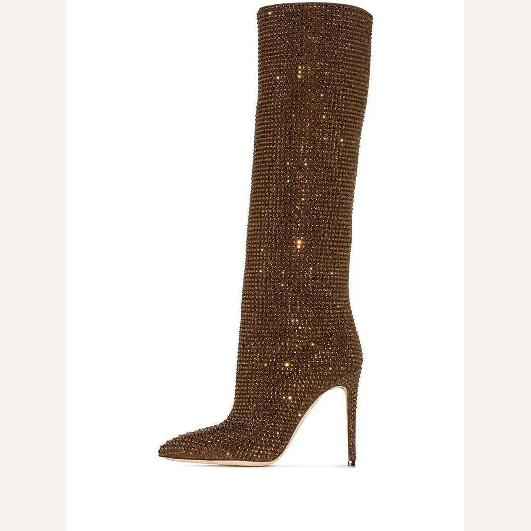 KIMLUD, European and American fashion show full star high-heeled rhinestones pointed knee-high boots large size women's shoes, KIMLUD Womens Clothes