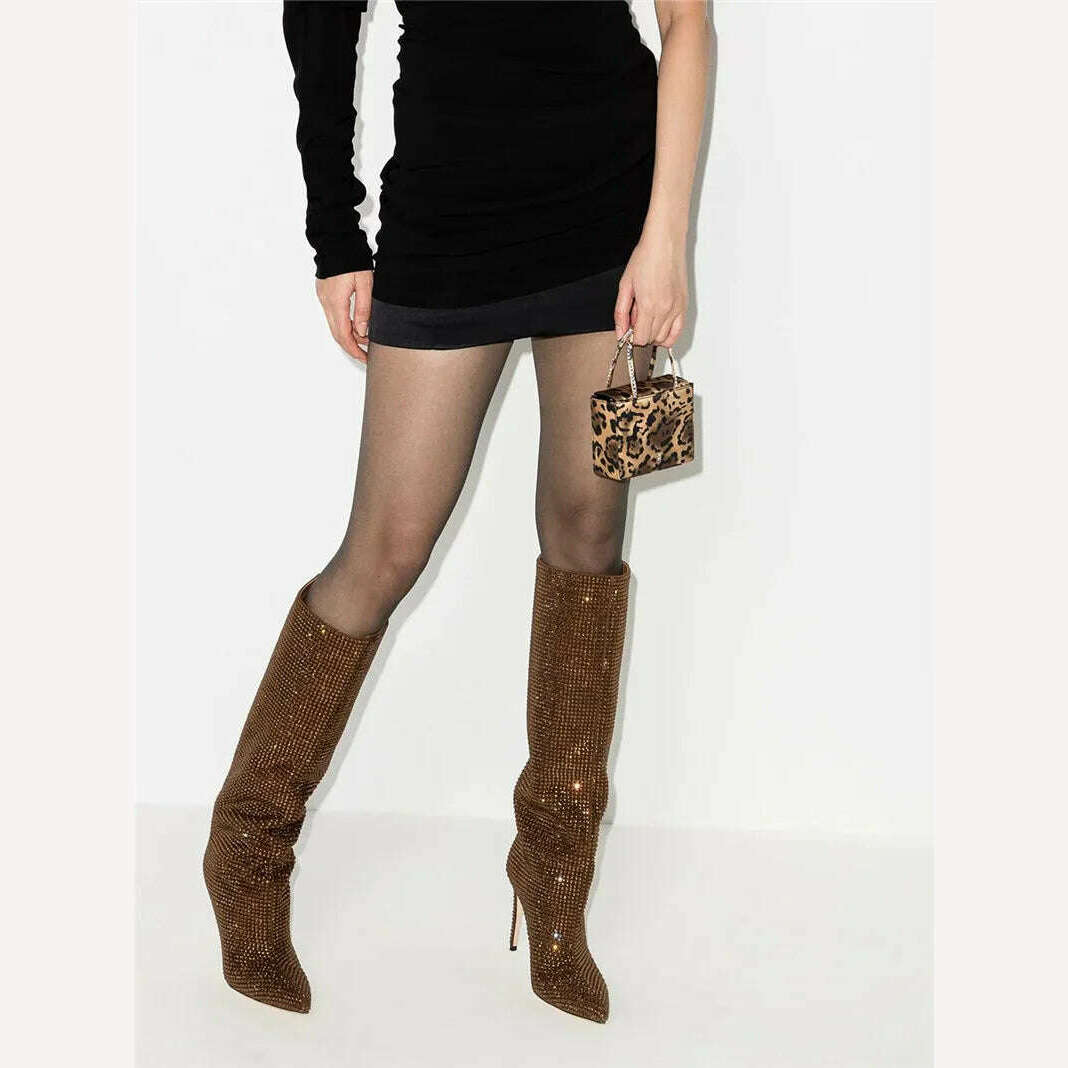 KIMLUD, European and American fashion show full star high-heeled rhinestones pointed knee-high boots large size women's shoes, KIMLUD Womens Clothes