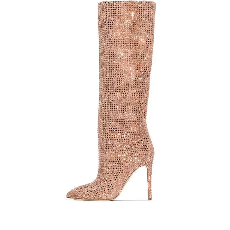KIMLUD, European and American fashion show full star high-heeled rhinestones pointed knee-high boots large size women's shoes, KIMLUD Womens Clothes