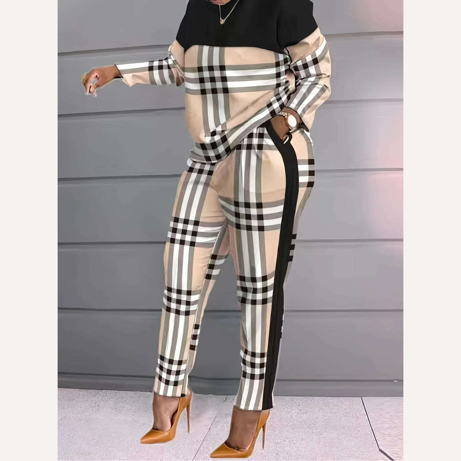 KIMLUD, European And American Fashion Women's Color Contrast Plaid Patchwork Casual Long-sleeved Two-piece Suit, KIMLUD Women's Clothes
