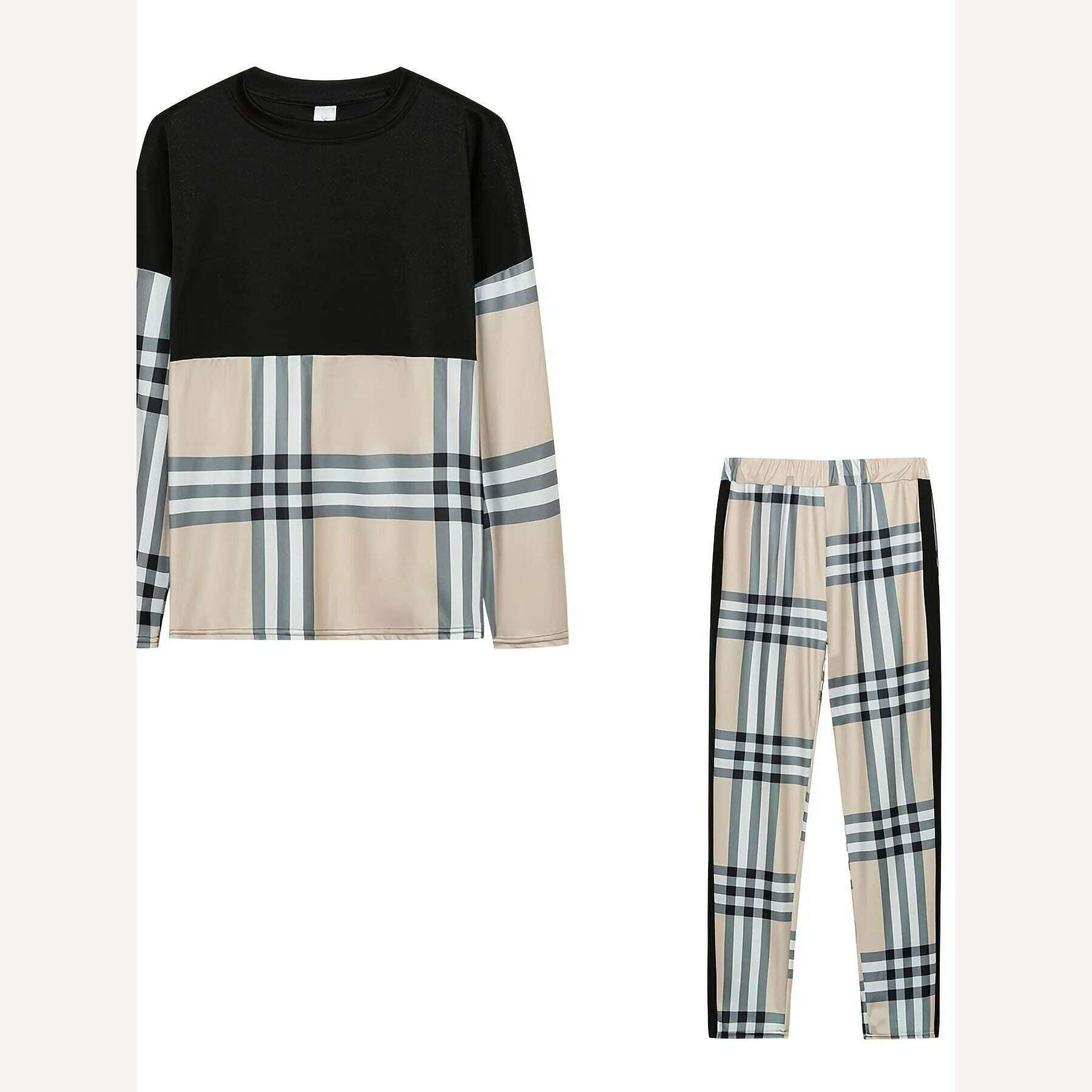 KIMLUD, European And American Fashion Women's Color Contrast Plaid Patchwork Casual Long-sleeved Two-piece Suit, KIMLUD Womens Clothes