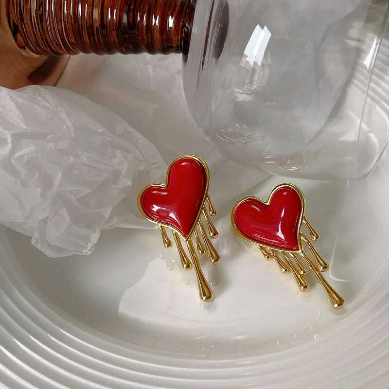 KIMLUD, European And American Retro Creative Melting Peach Heart Simple Red Earrings Female, KIMLUD Women's Clothes